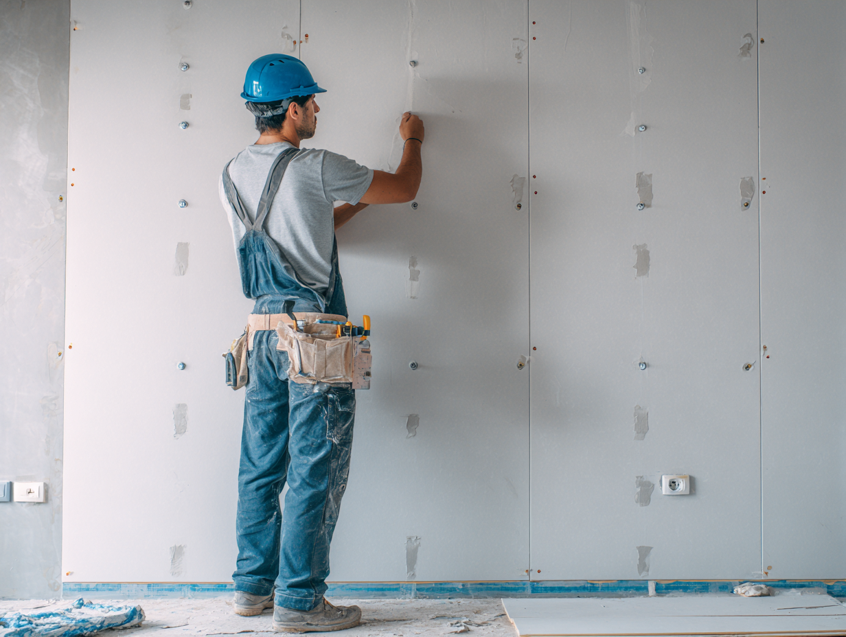 Worker installing drywall on a soundproofed wall in a mechanical room
